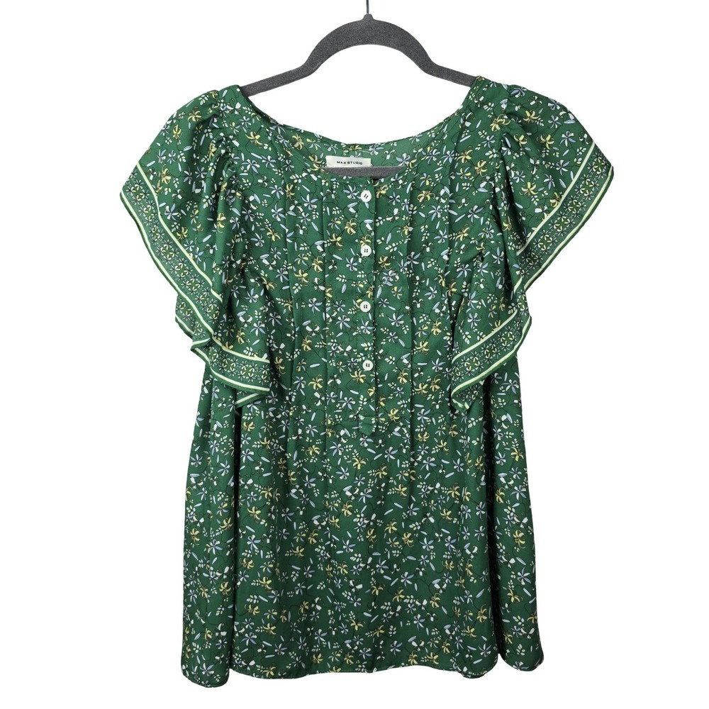 Max Studio Floral Flutter Sleeve Blouse Womens Medium Green Pintuck Boho Top